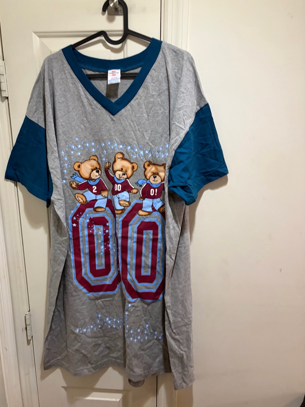 Essential Needs Bear Graphic Heather Gray & Teal V-Neck T-Shirt Sleepwear Dress